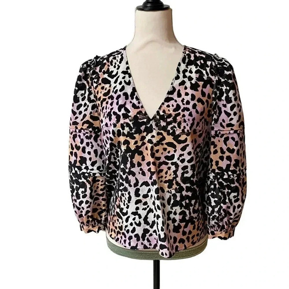 Veronica Beard Ramona Leopard Silk Blend V-Neck 3/4 Sleeve Top Size 2 - Picture 2 of 15